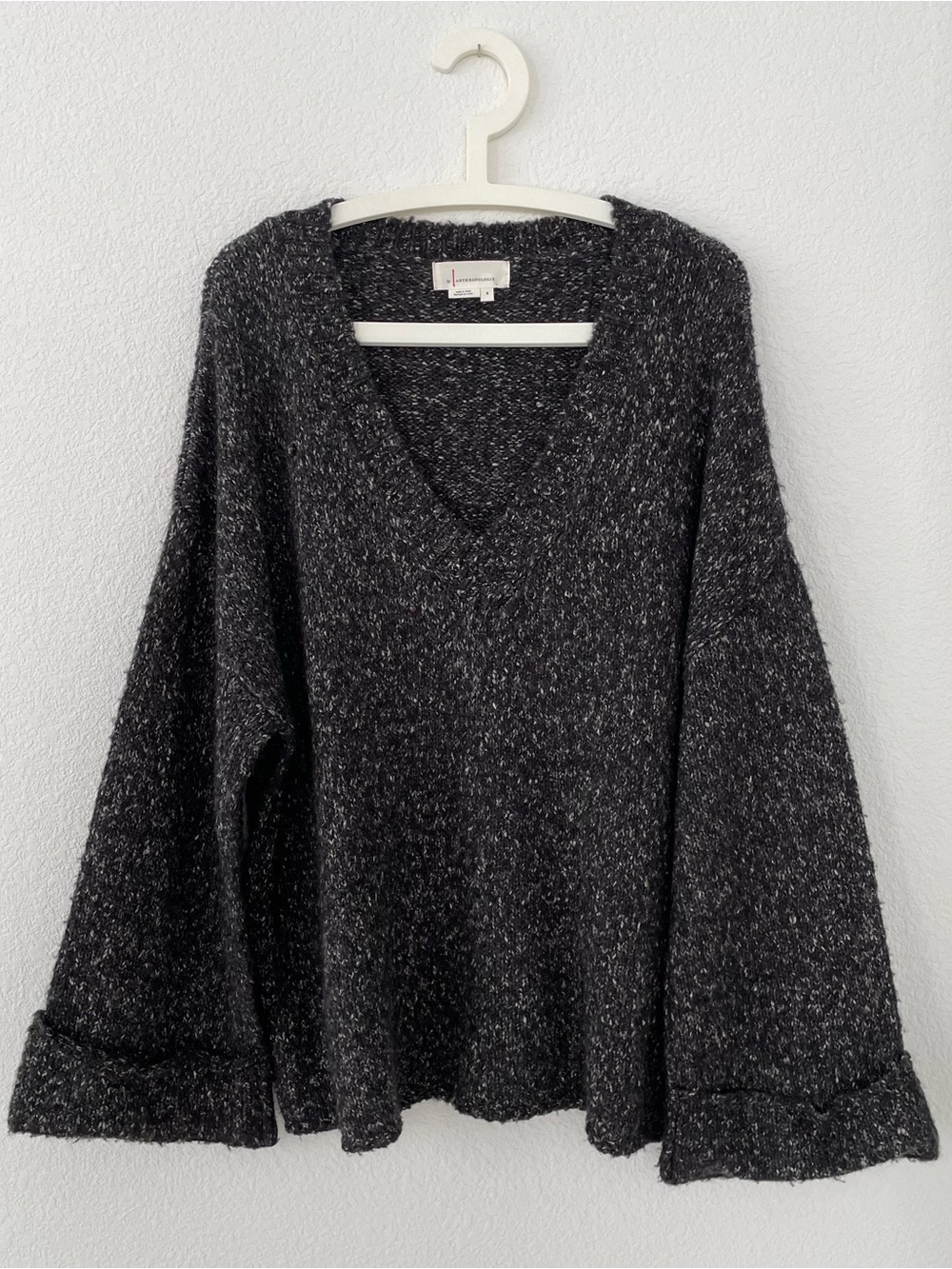 Anthropologie Charcoal Marled V-Neck Oversized Sweater